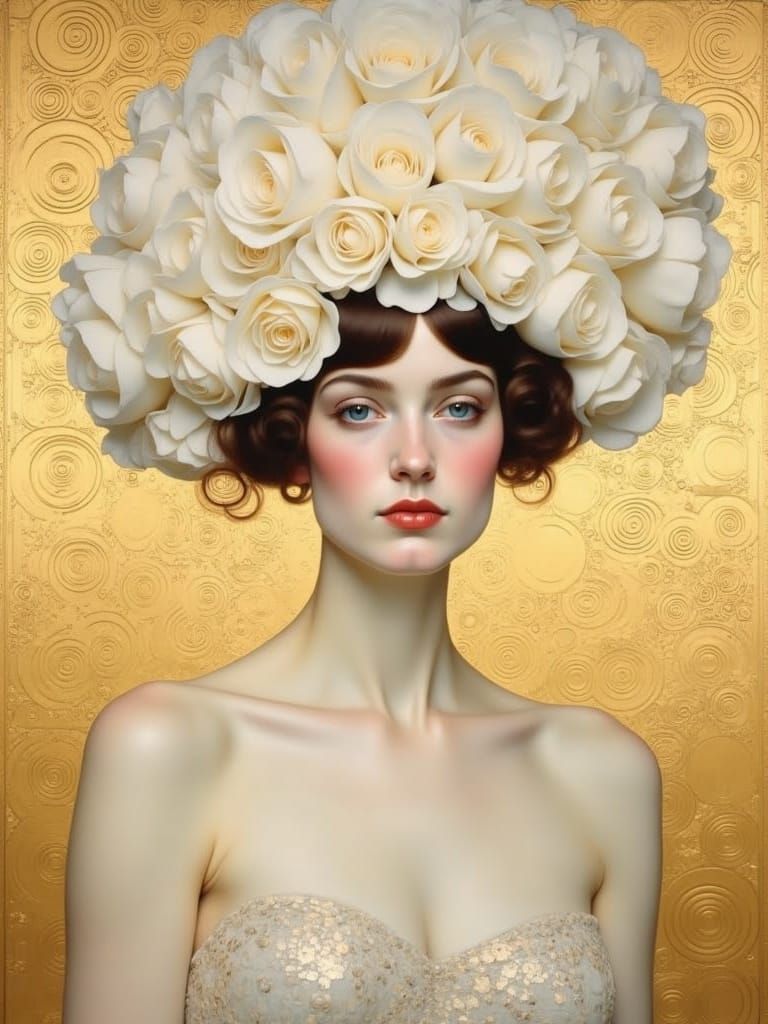 Art Deco Flapper with White Rose, Gold Texture