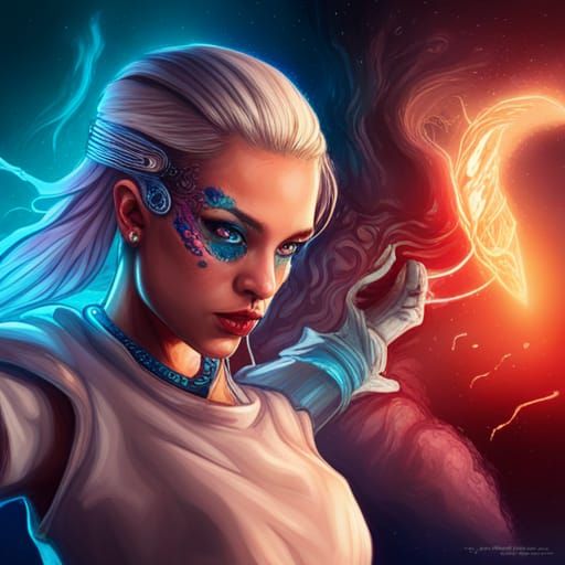 Cyberpunk pirate girl with silver hair and blue eyes,  with laser sable , fighting with alien monster