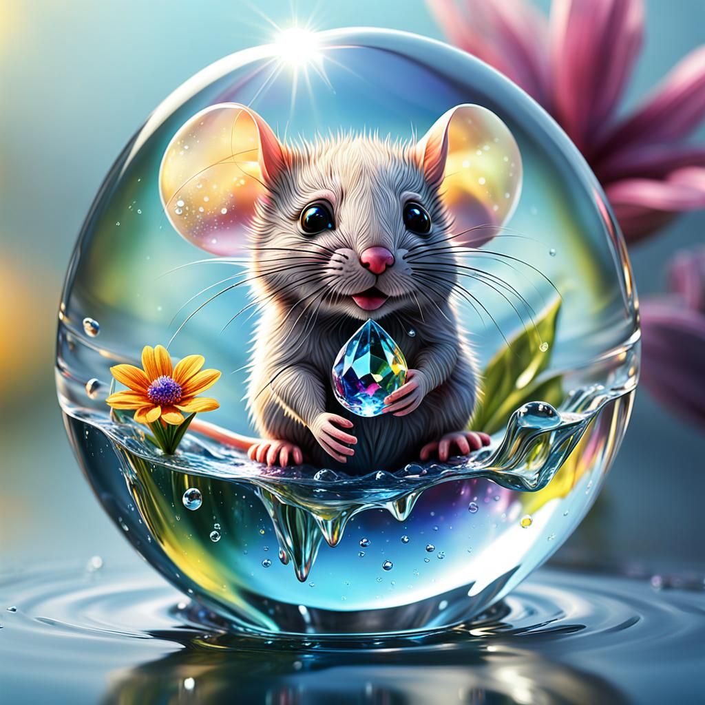 Crystallized Baby Mouse in Water Drop, Hyperrealistic Splash...