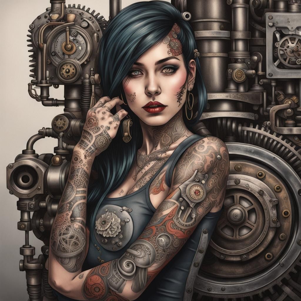 Irezumi Tattooed Girl with Steampunk Engine
