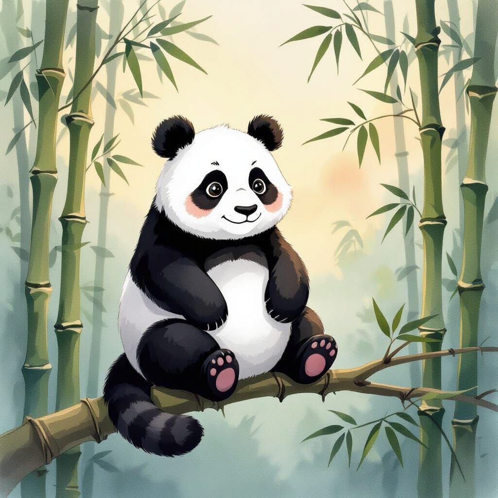 Panda Cat Hybrid in Bamboo Forest at Dawn