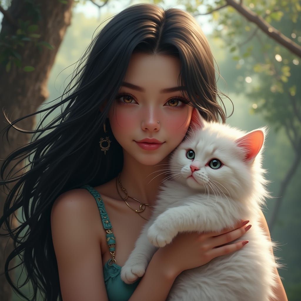 Young Woman Holding Fluffy Cat in Fantasy Art Style