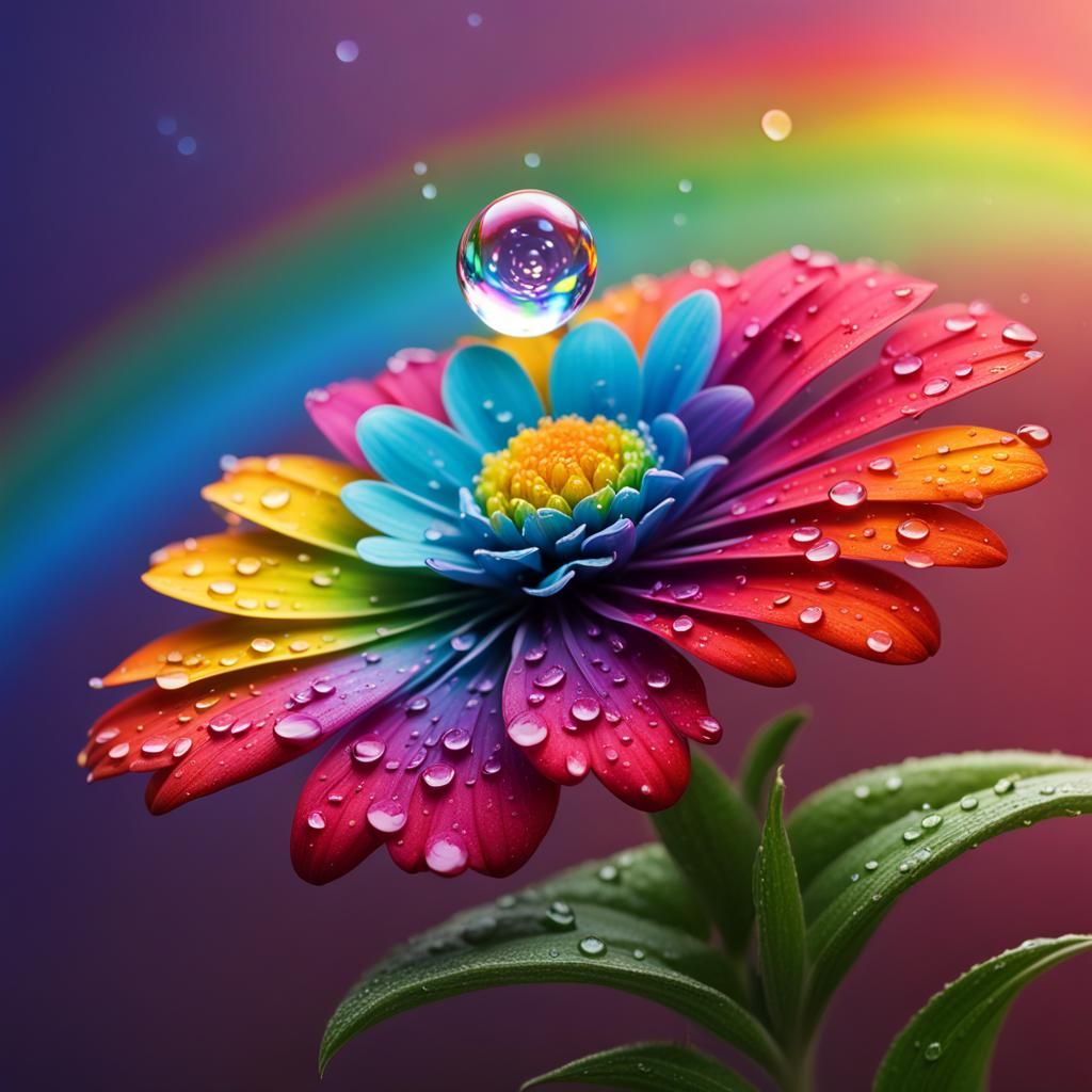Dew Drop on Flower with Rainbow in Hyperrealism