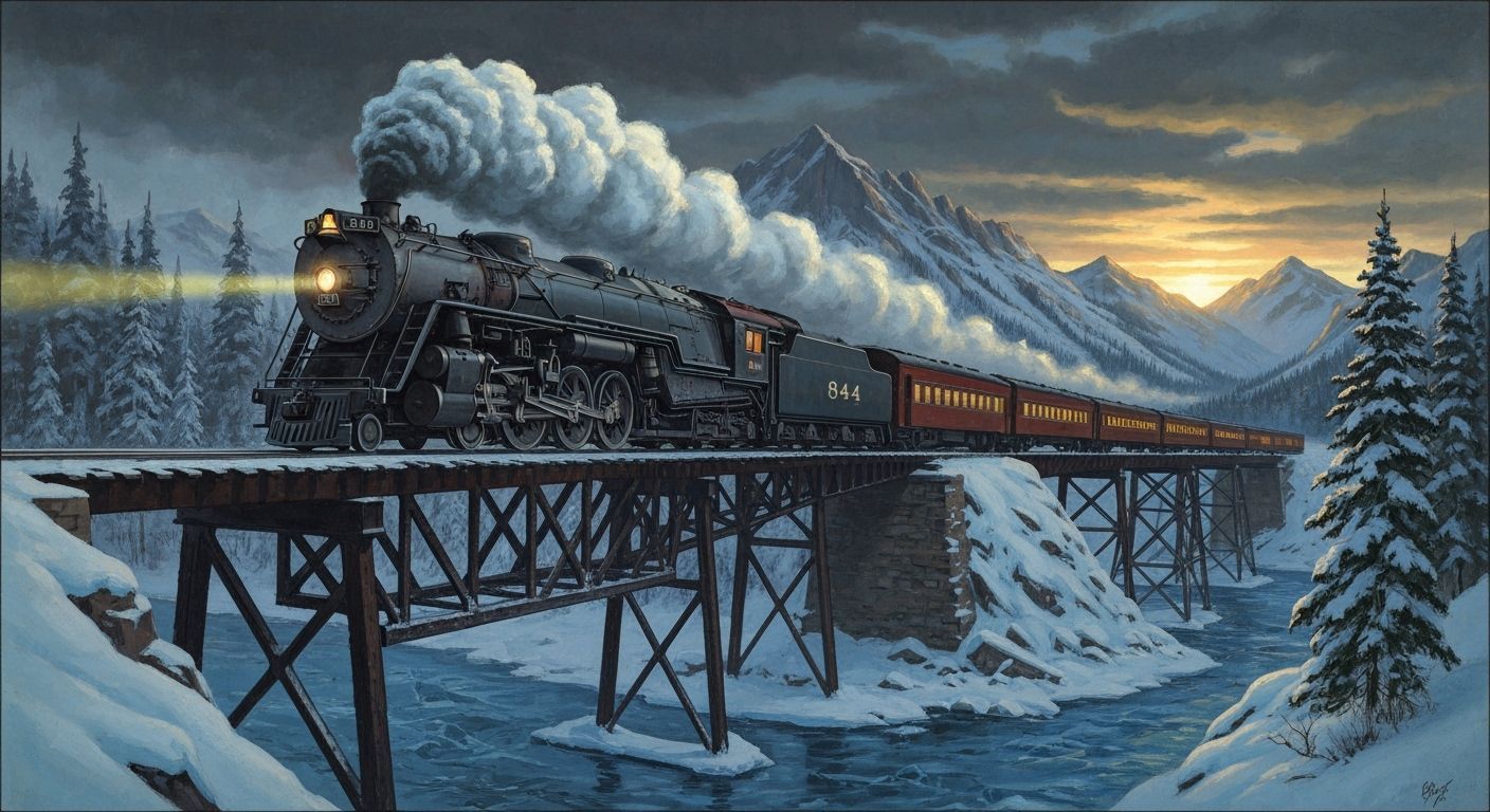 Majestic Steam Train Crosses Trestle Bridge at Twilight