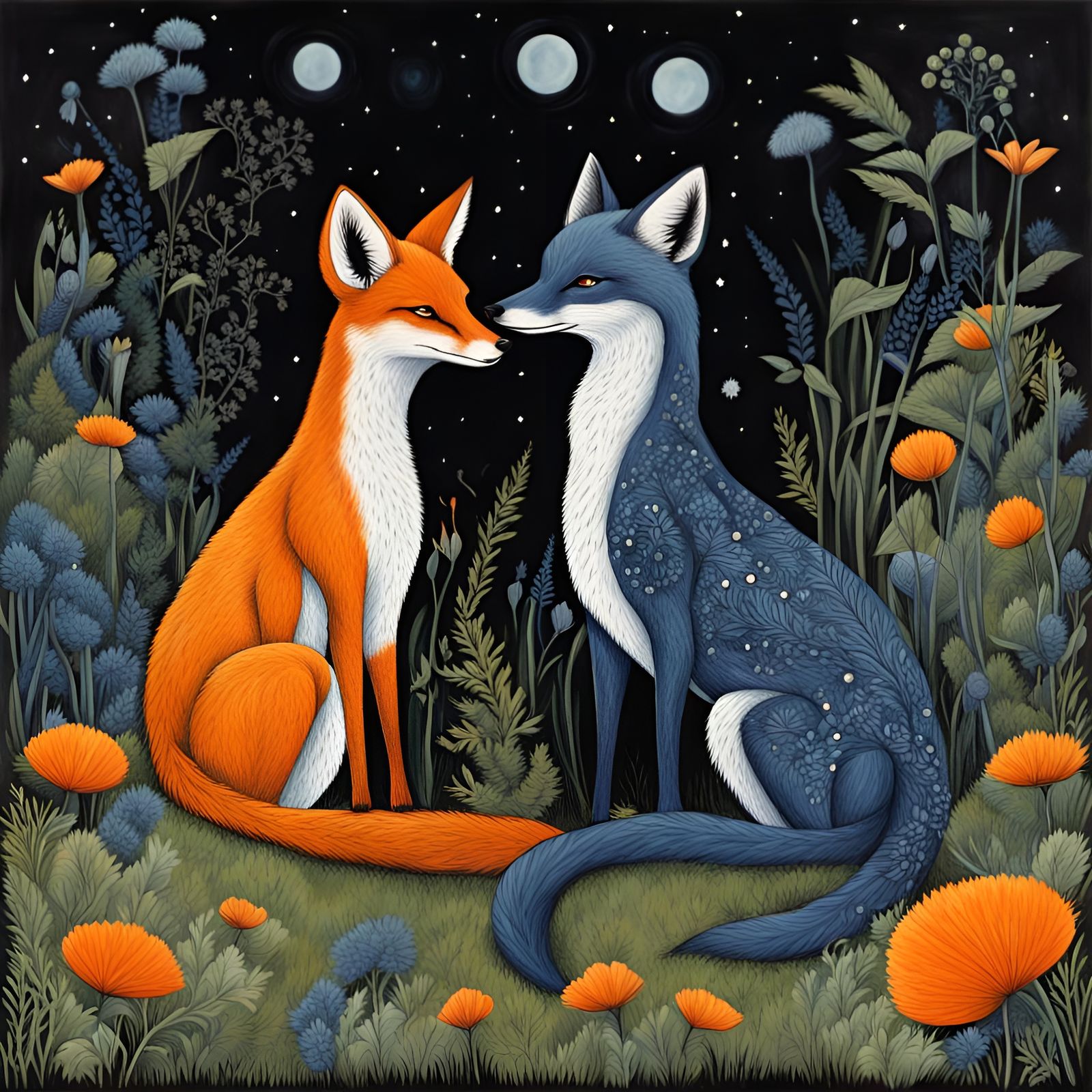 Foxes in Love: Vintage Illustration in Blue and Orange