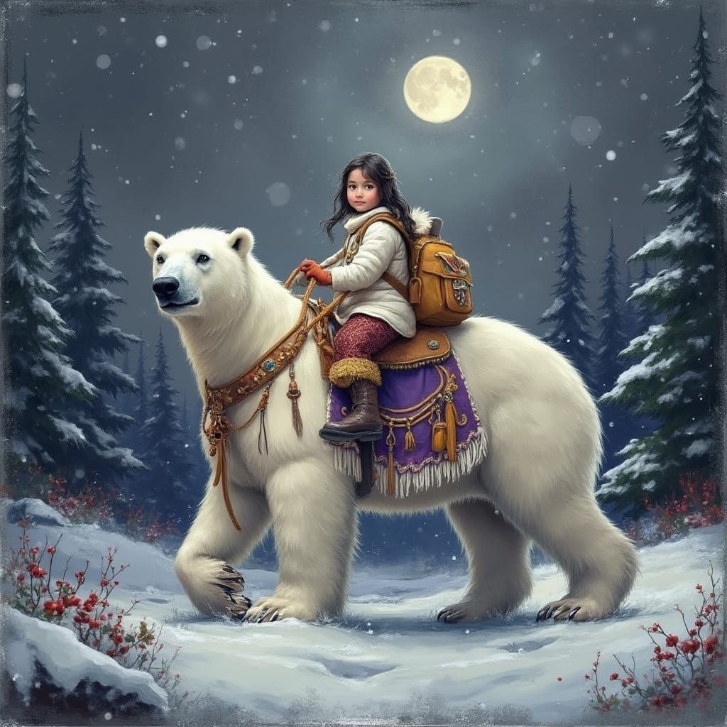 Surreal Winter Wonderland: Small Girl Rides Polar Bear