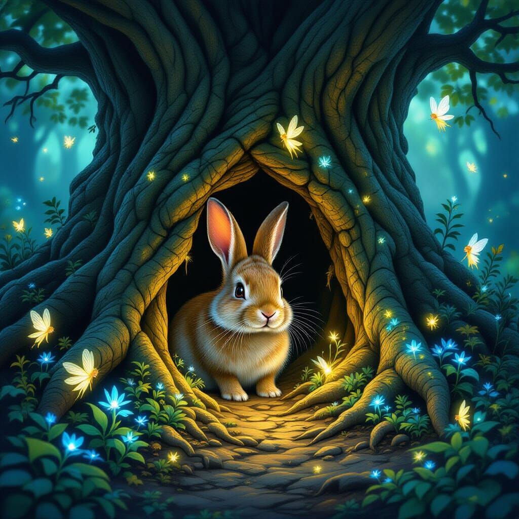 Magical Rabbit Peeking From Glowing Burrow in Enchanted Fore...