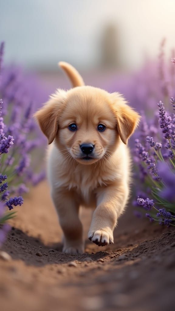 Golden Puppy in Lavender Field: Hyper-Realistic Cinematic Ma...