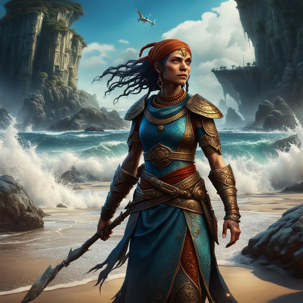 Smiling Woman on Beach in Fantasy Concept Art