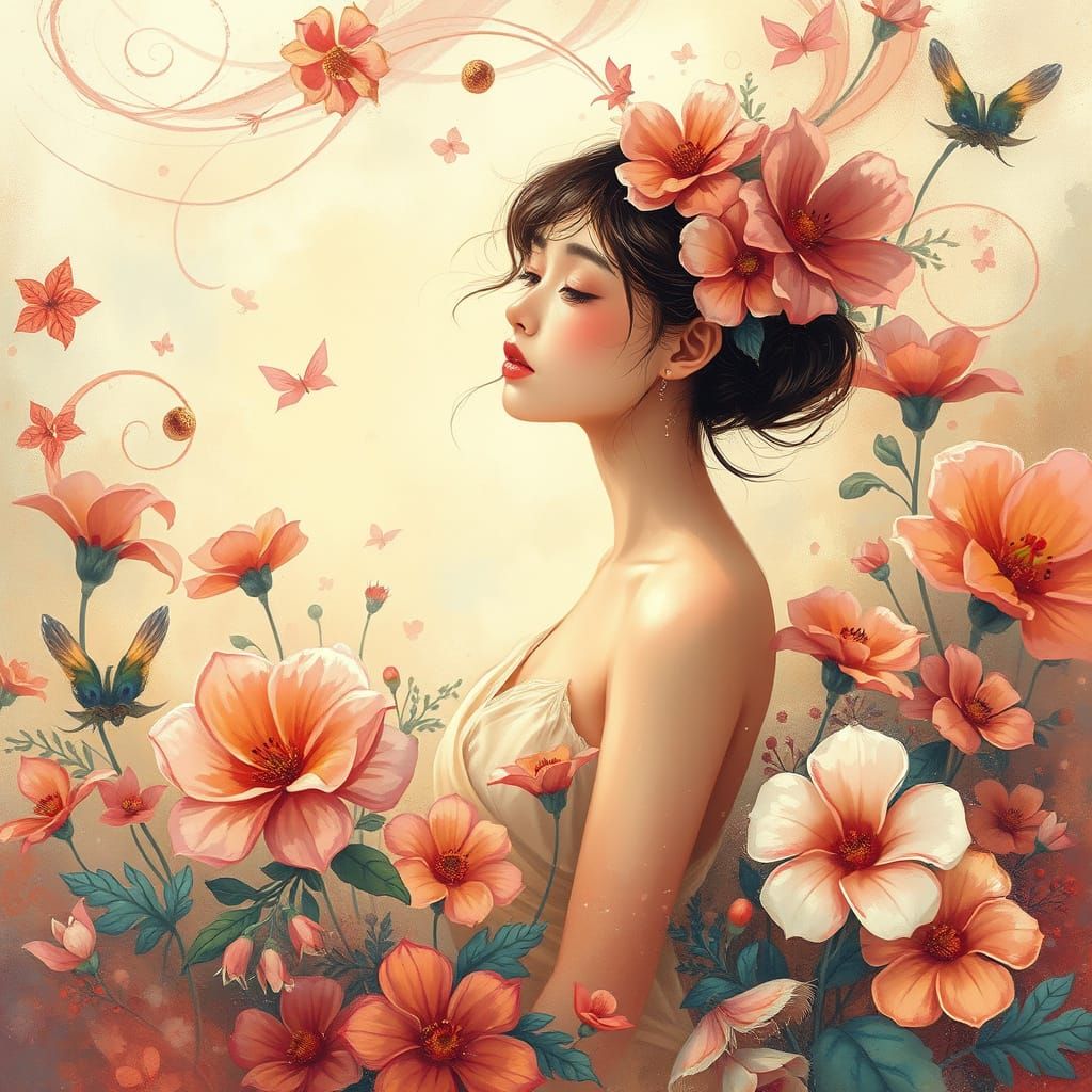Ethereal Woman Surrounded by Flowers in Impressionistic Styl...