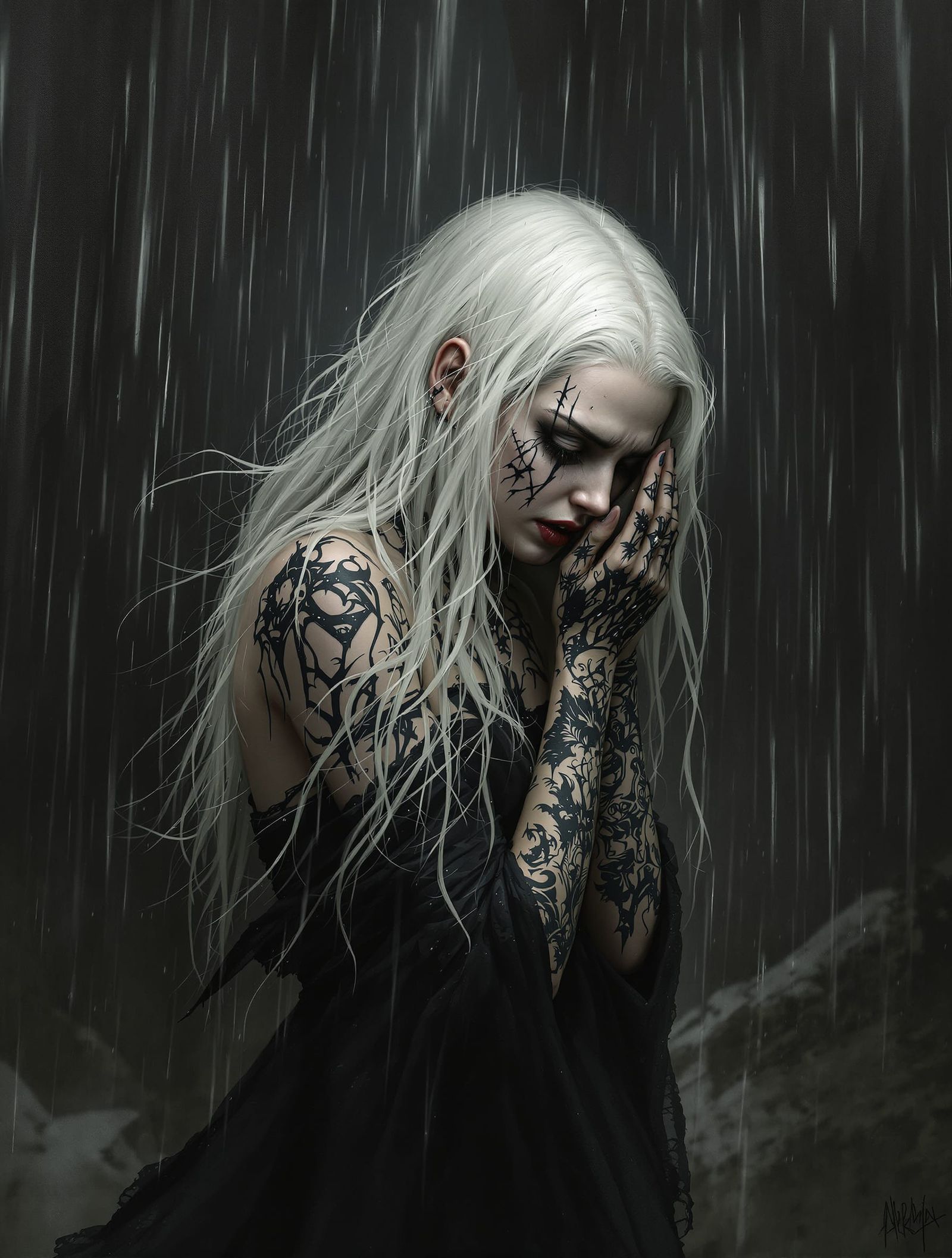 Gothic Girl Weeping in Storm, Realistic Style