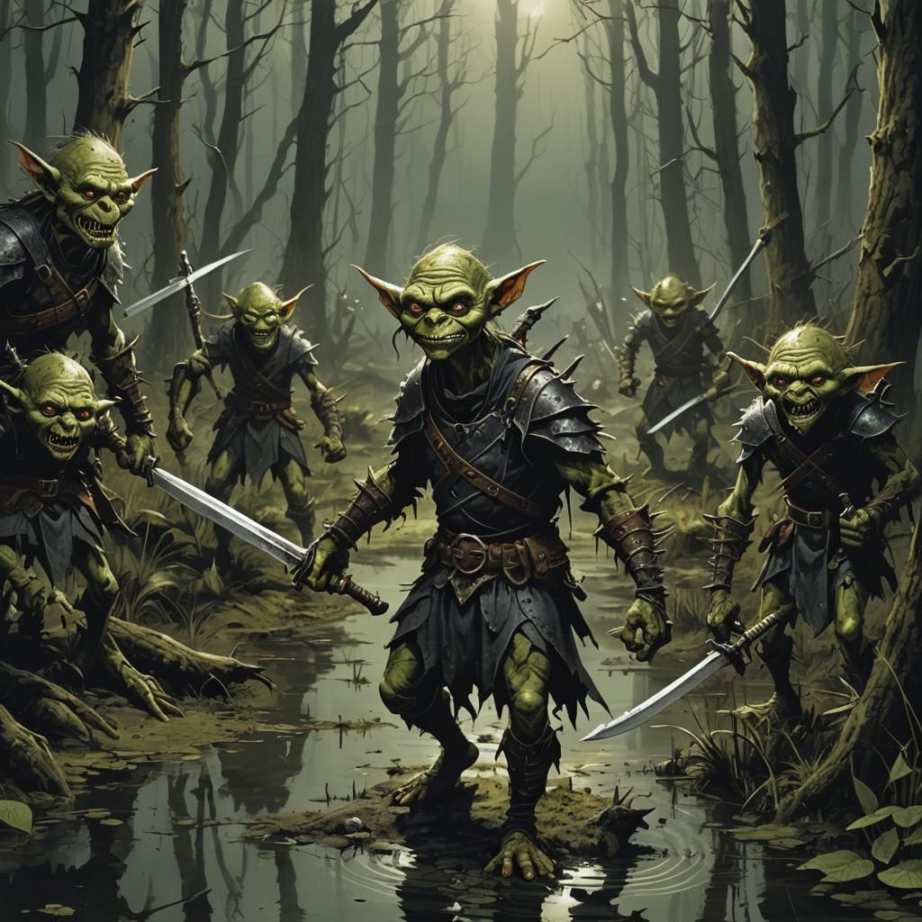 Scary Goblins with Swords in Dark Forest