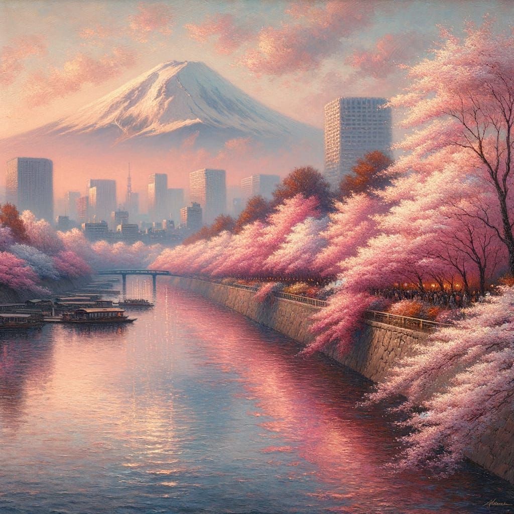 Impressionist Tokyo Sakura Scene with Mount Fuji