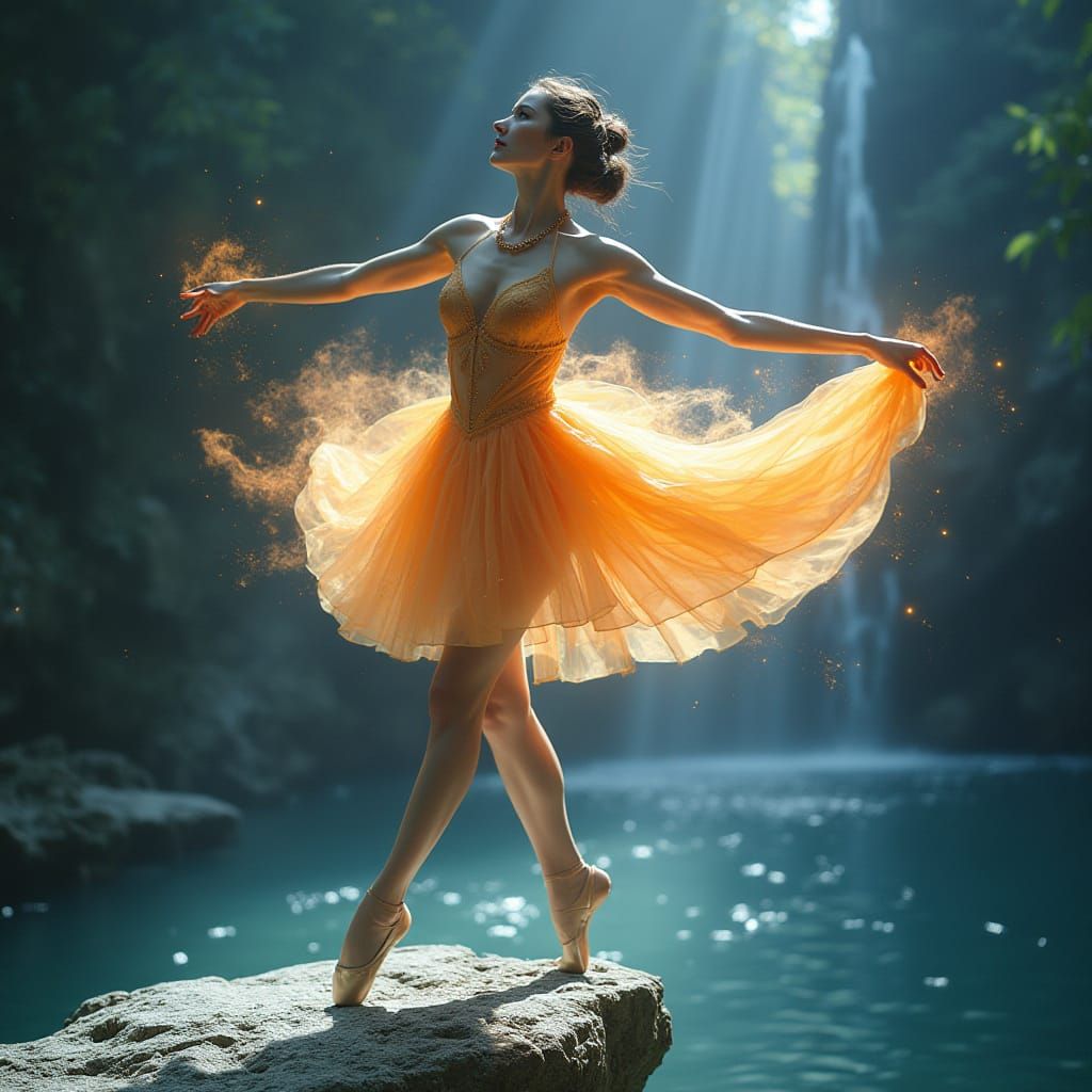 Ballerina on Blade's Edge in Silk Flames and Crystal Dress