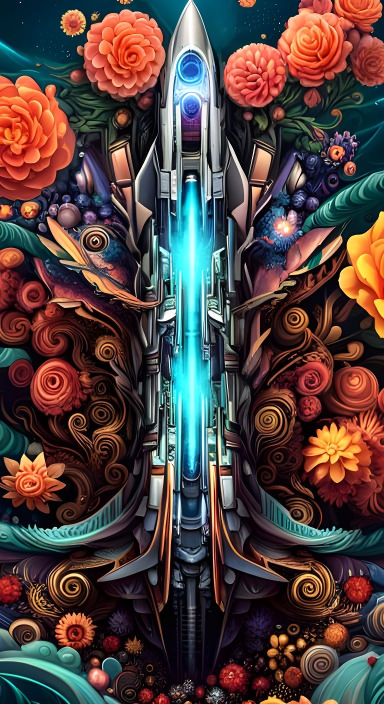 Exploded Floral Cyberpunk Rocket Ship in Space