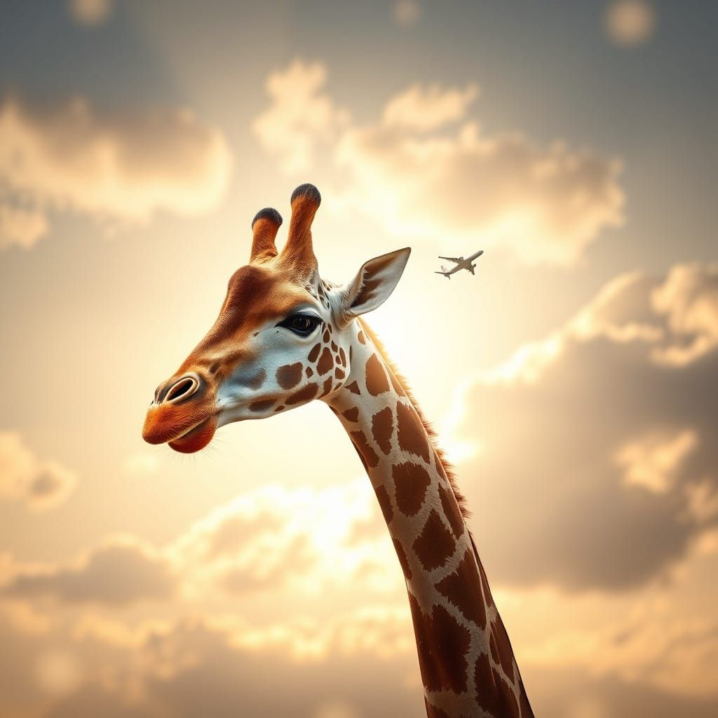 Giraffe Head Soars Among Clouds with Tiny Plane in Flight