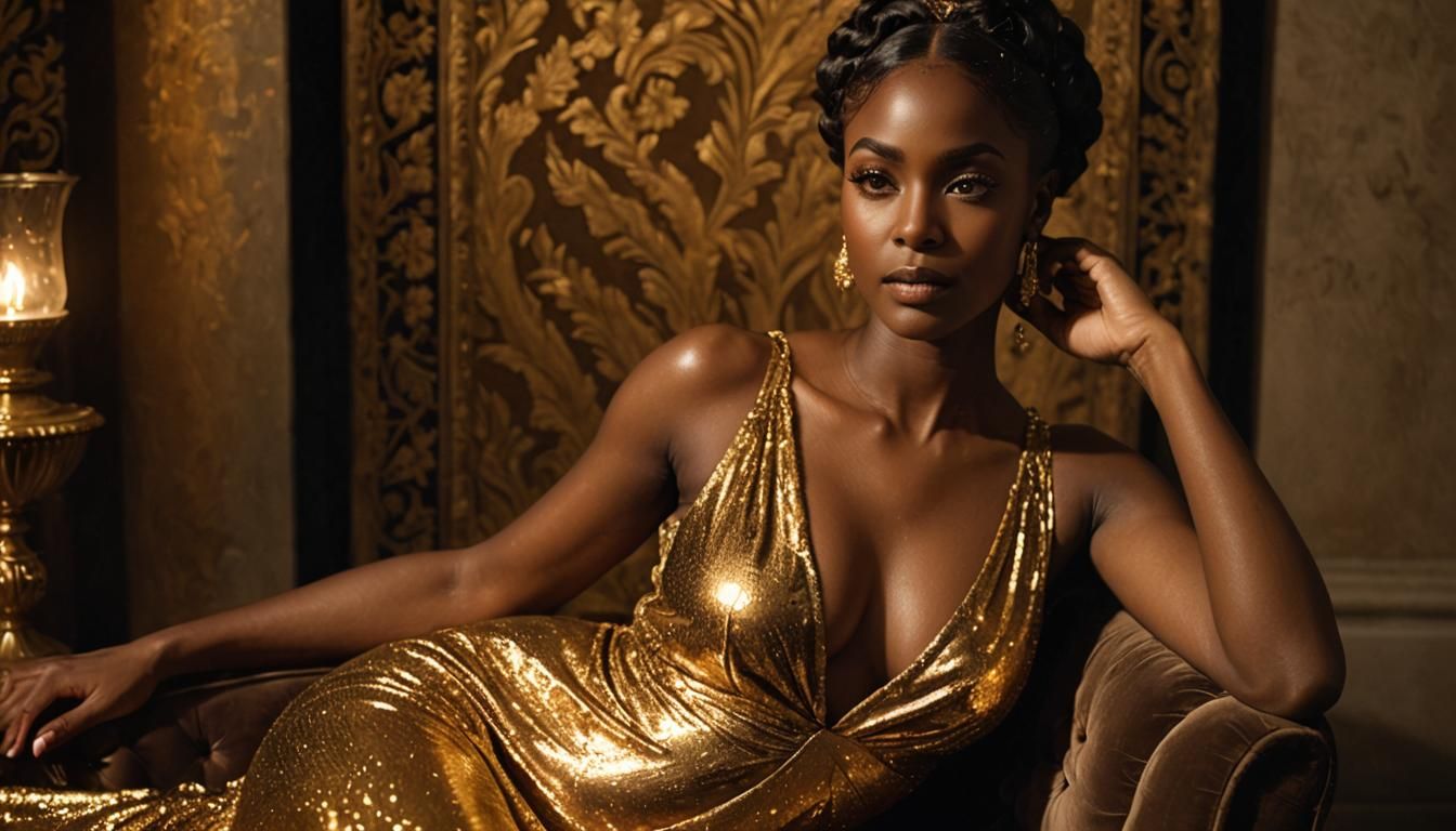 Woman in Gold Lamé Dress on Velvet Pedestal