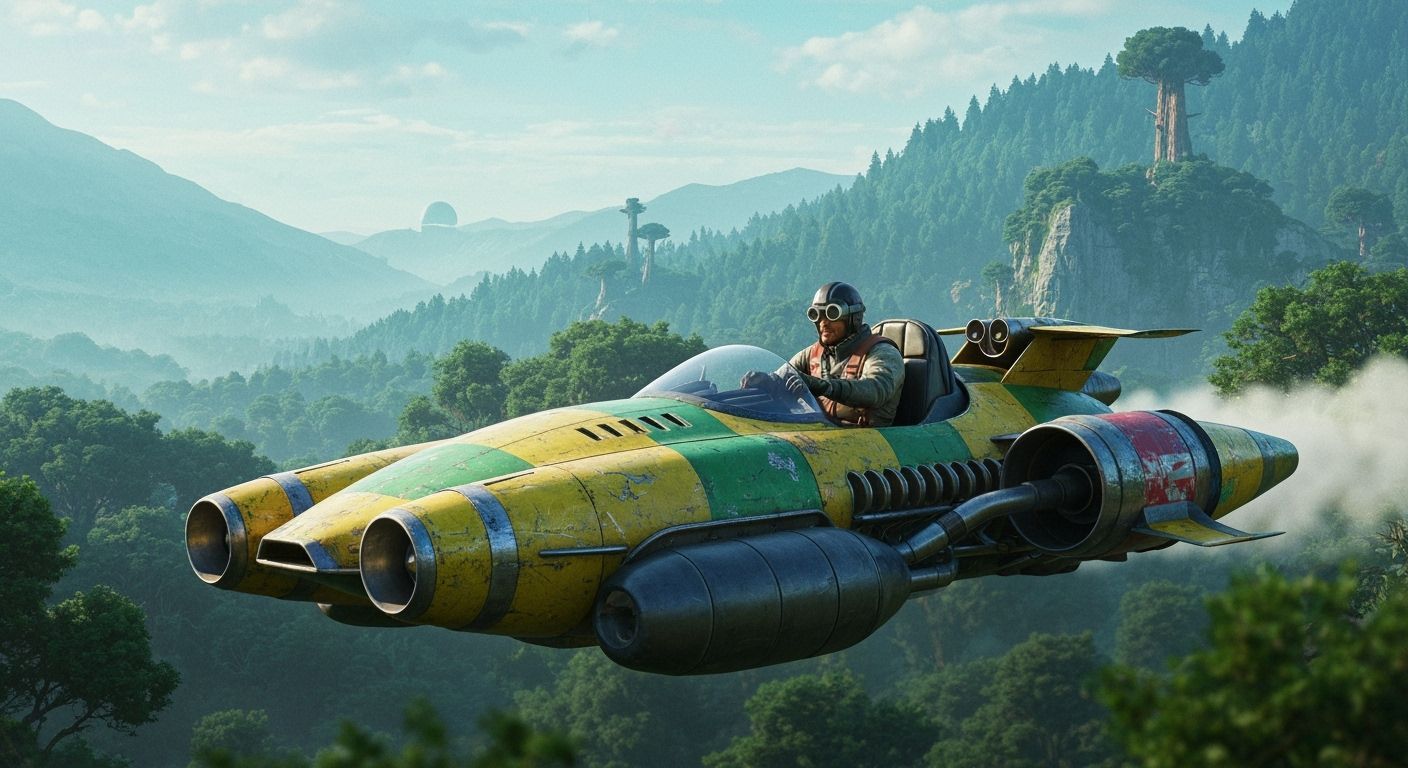 Futuristic Hovercraft Race Through Lush Valley