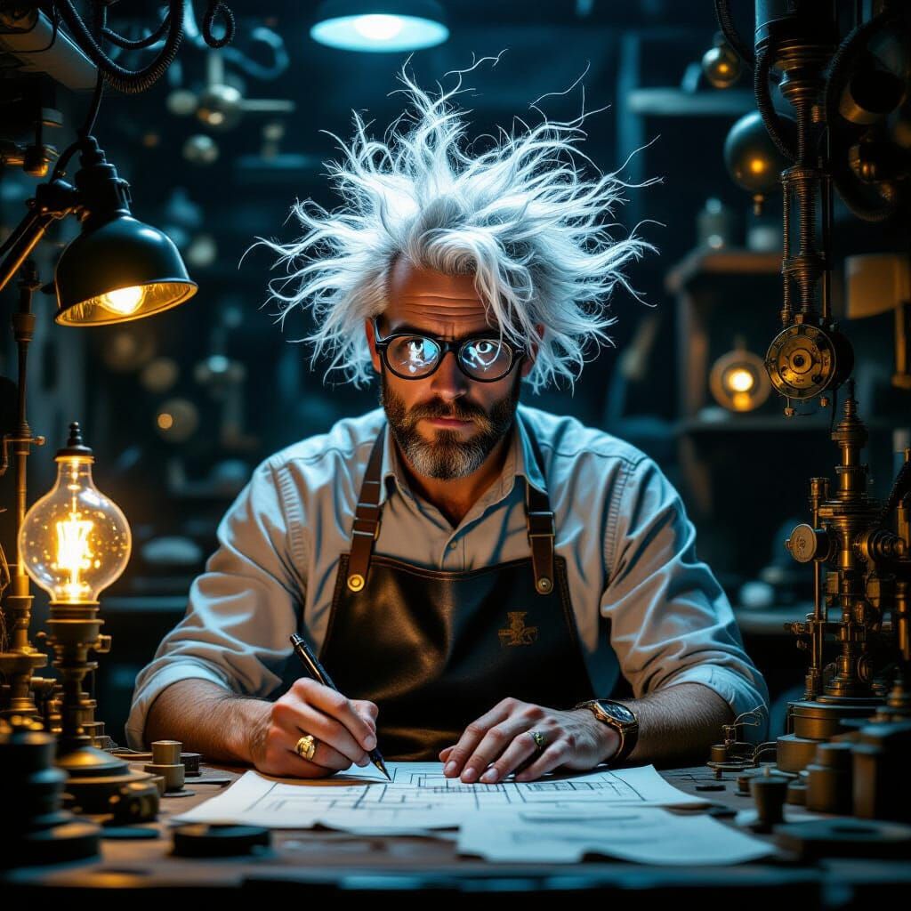 Steampunk Inventor in a Dimly Lit Workshop