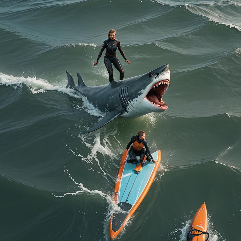 Surfer Encounter with Shark: Hyperrealistic Digital Art