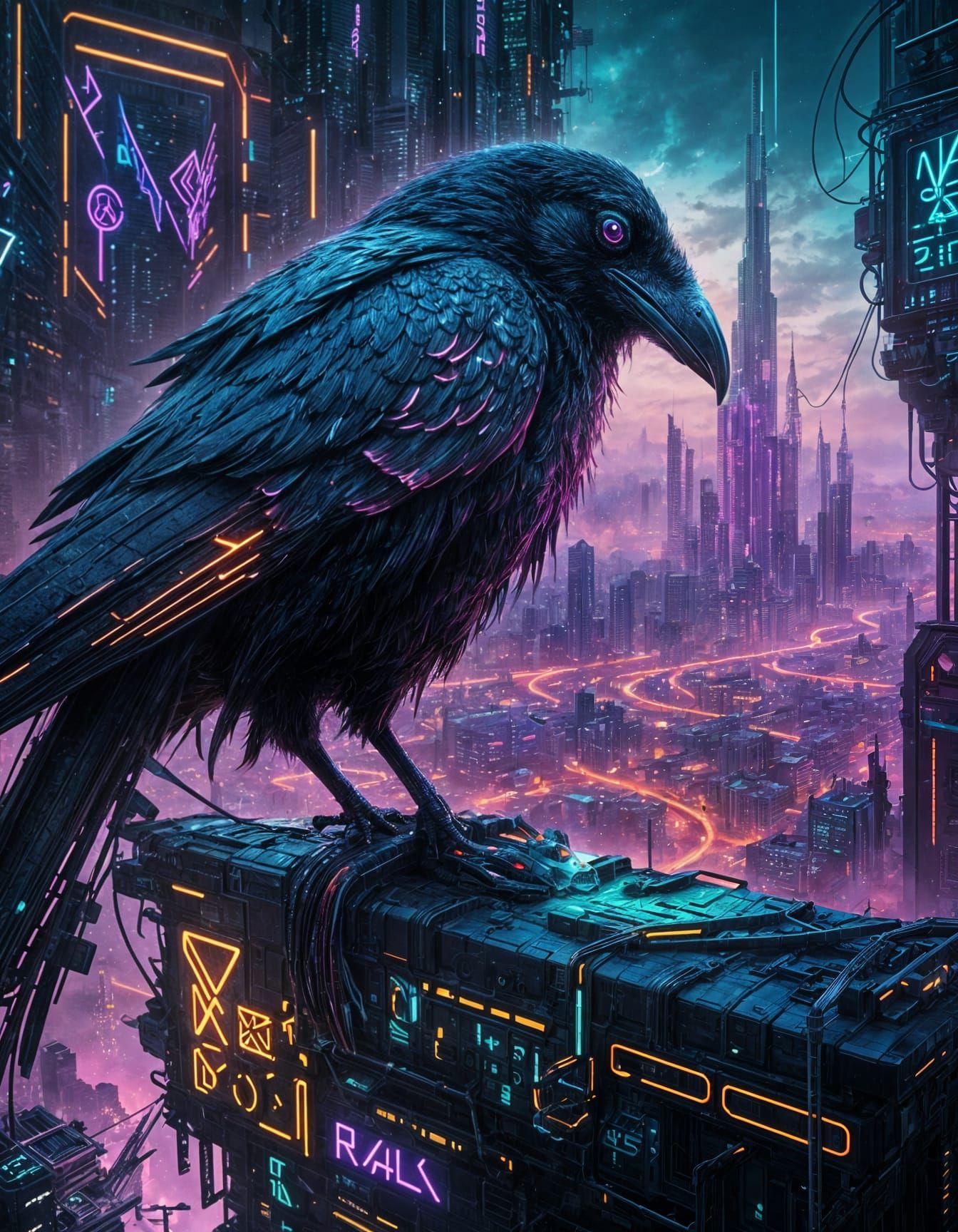 Cyberpunk Raven on Neon Signboard