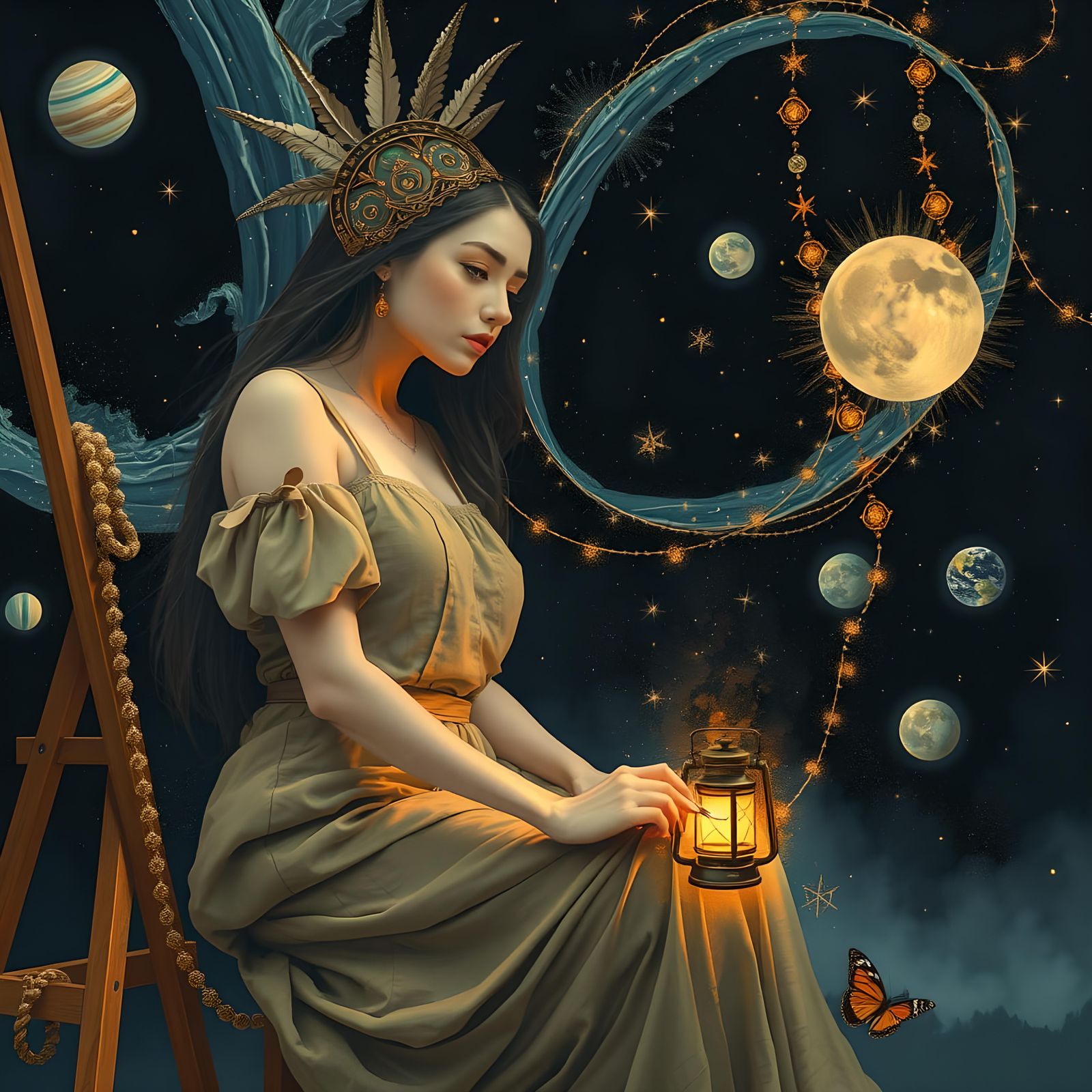Goddess Painter Illuminating a Surreal Starry Sky