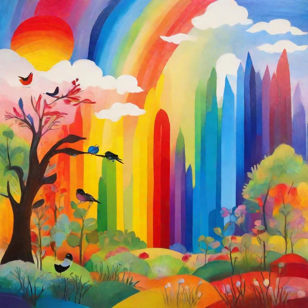 Rainbow Landscape in Folk Art Style