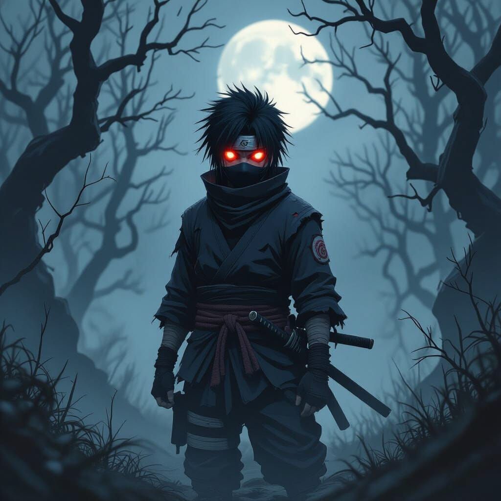 Ninja with Sharingan Eye in Misty Forest
