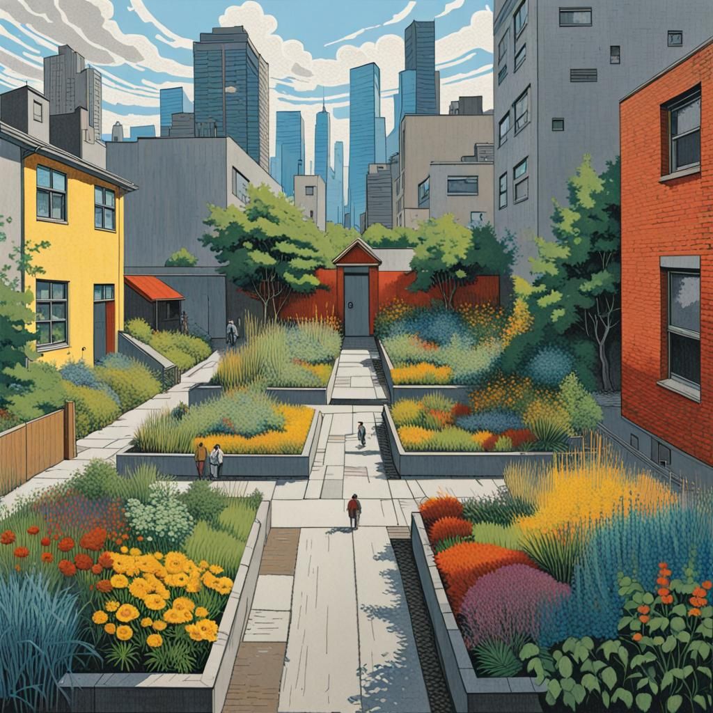 Art by Hasui Kawase, Vincent van Gogh, Wassily Kandinsky, graffiti-style depiction of an urban garden, wild and colorful...