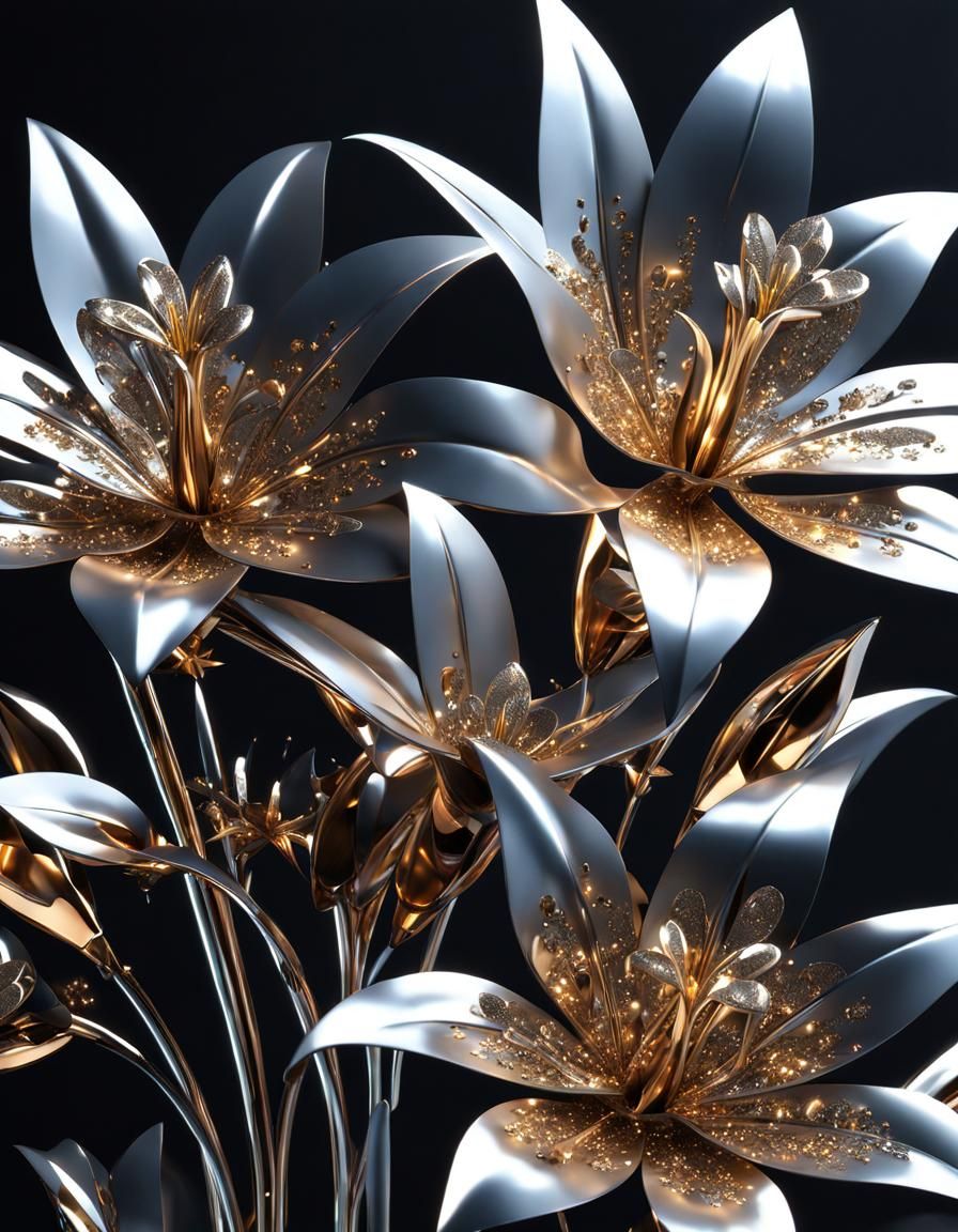 Intricate Metal Lilies in Dark Space Sky