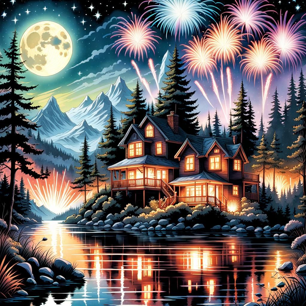 Watercolor Fireworks Over Twilight Summer Landscape