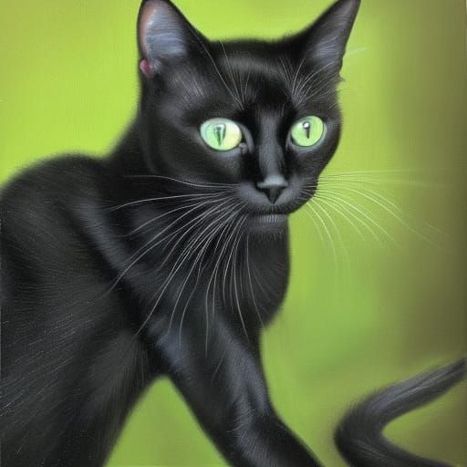 Black Cat with Green Eyes as Oil Painting