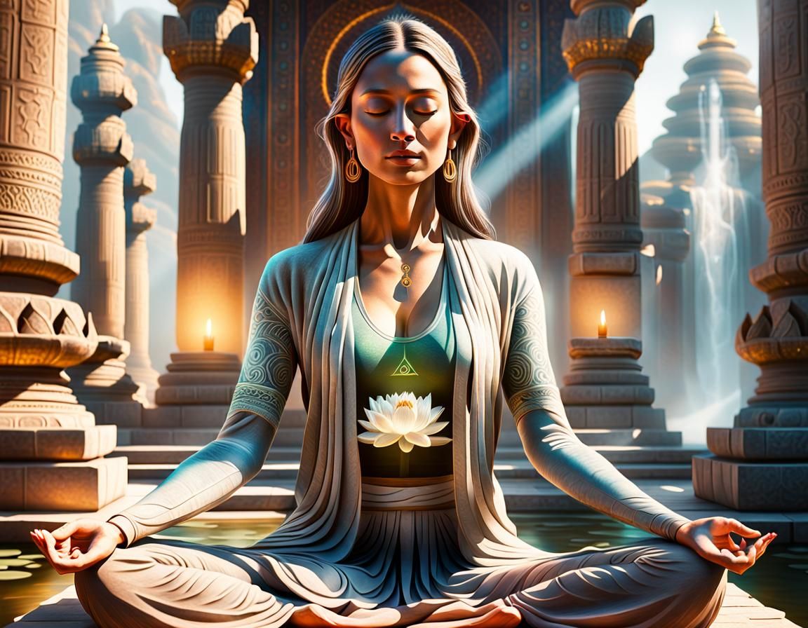 Woman Meditating in Ancient Temple: Digital Art