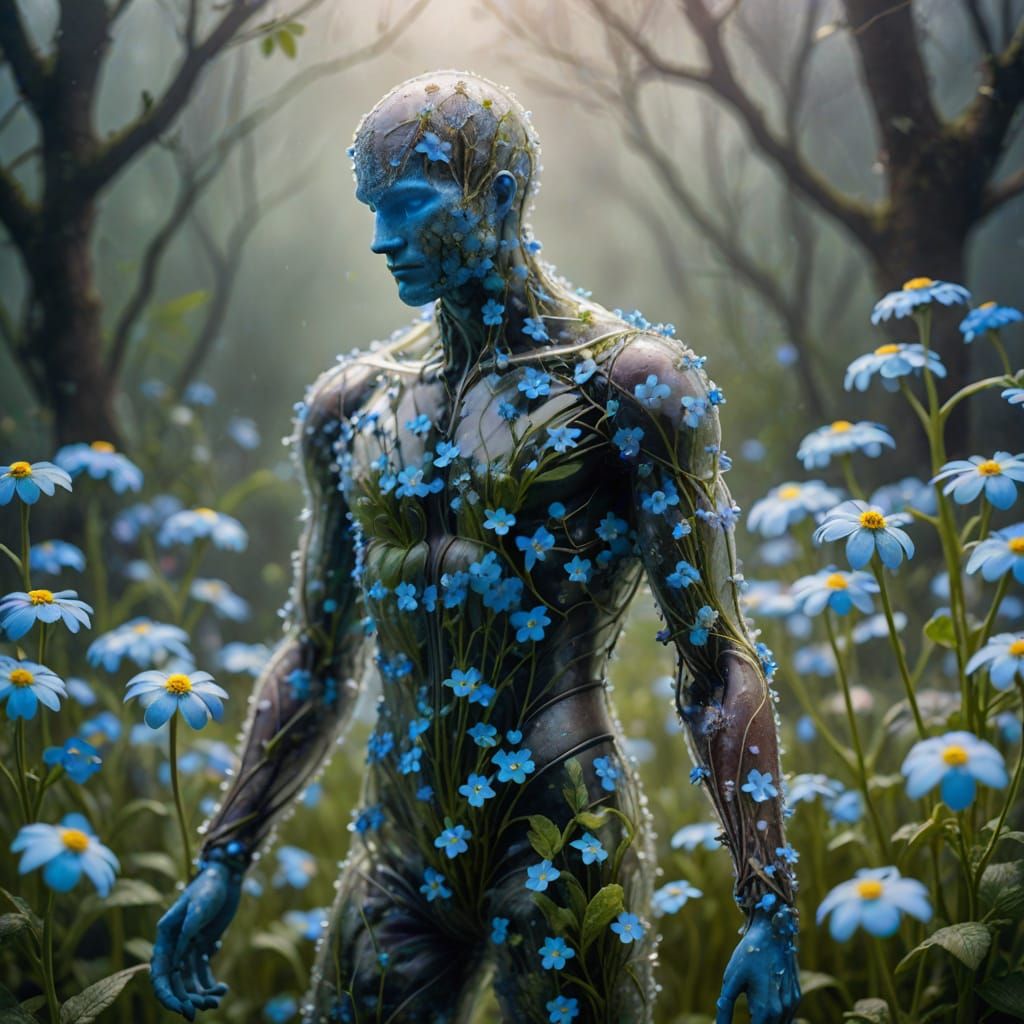 Surreal Faceless Figure Among Forget-Me-Nots