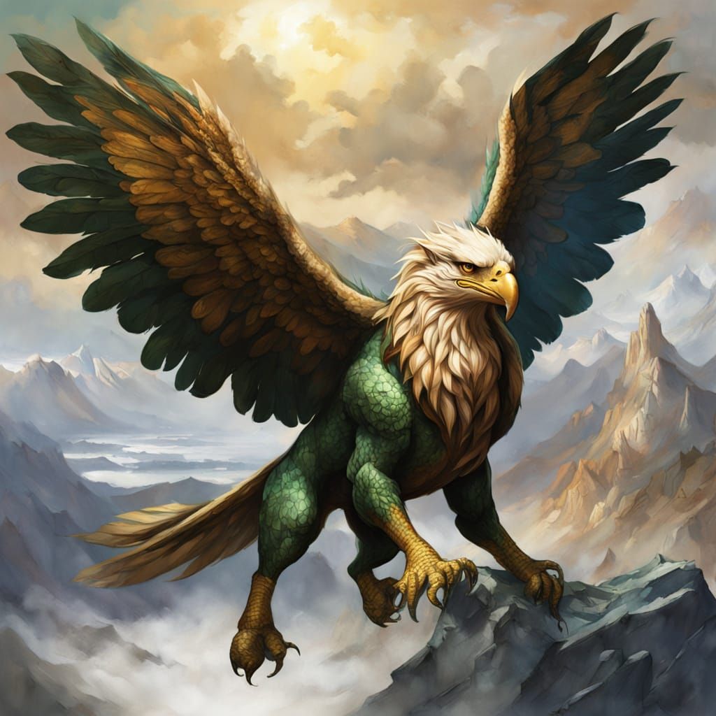 Golden Griffin Soaring Through Fantasy Landscape