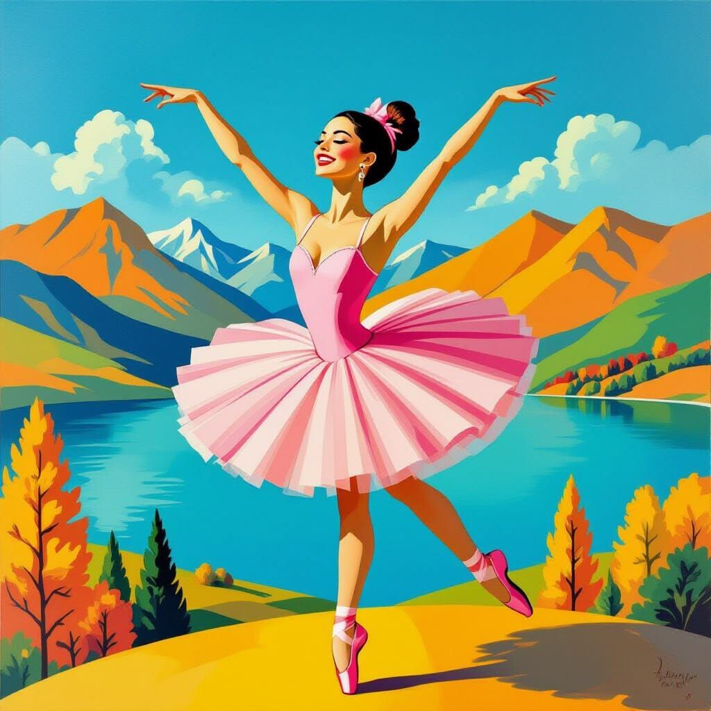 Ballerina Dances on Fingertip in Surreal Landscape