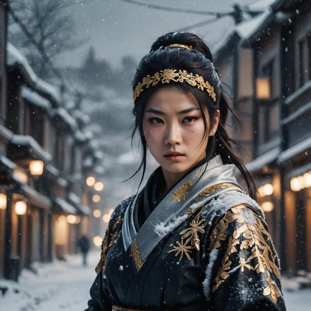 Kunoichi Ninja in Snowy Russian Town: Photorealistic Portrai...