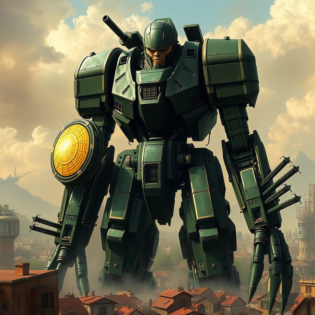 Menacing Giant Robot Towers Over Cyberpunk City