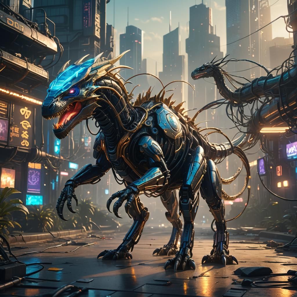 Cyberpunk Creature Fusion in a Futuristic Cityscape
