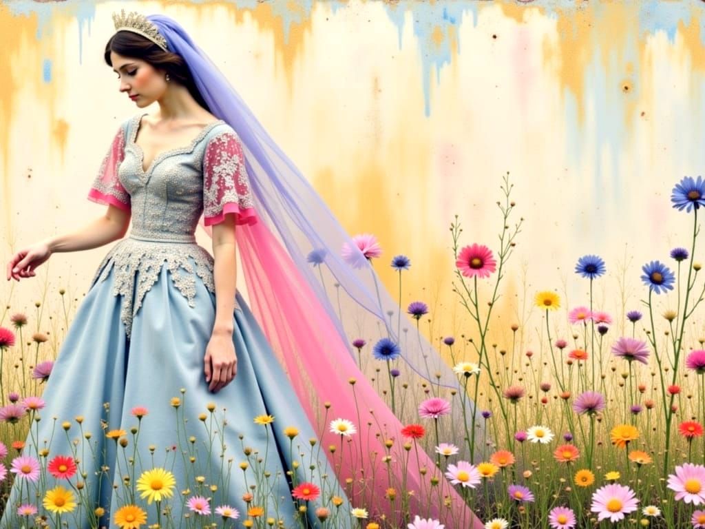 Woman in Wedding Dress, Klimt-Inspired Floral Art