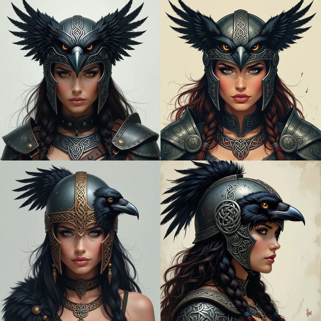 Celtic Warrior Woman Head with Raven Helmet, Realistic Desig...