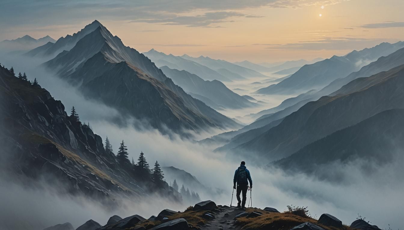Ethereal Hiker in Misty Mountain Landscape