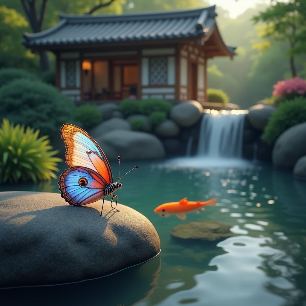 Butterfly with Yin Yang Symbol by Waterfall