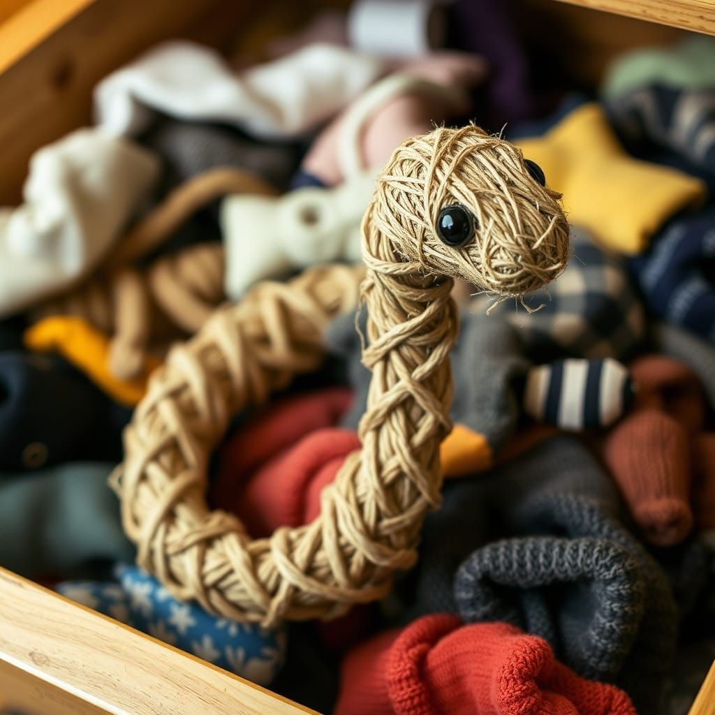 Whimsical String Adder Snake in Sock Drawer