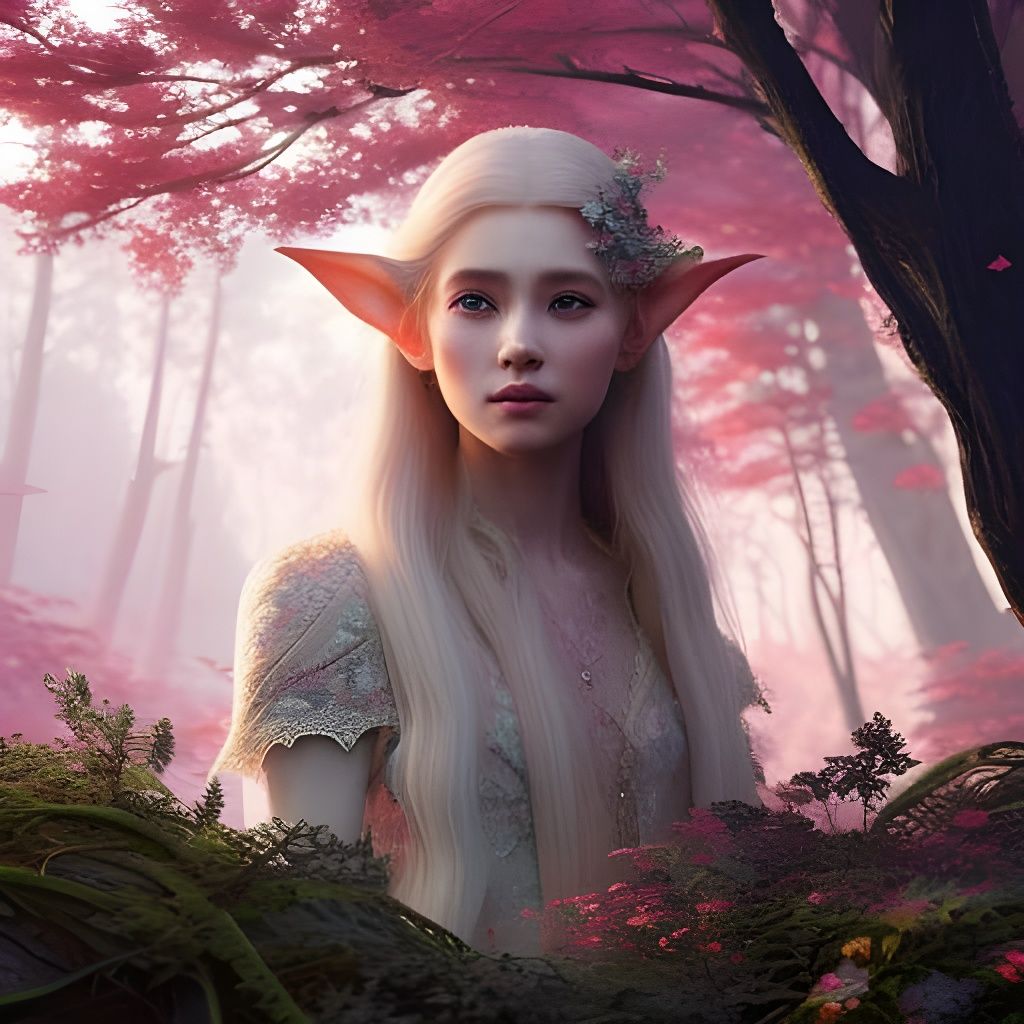 Detailed Portrait of Young Elf in Rose Forest