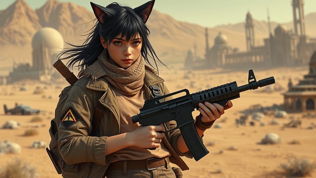 Warrior Girl in Desert Punk Style with Cat Ears and Machine ...