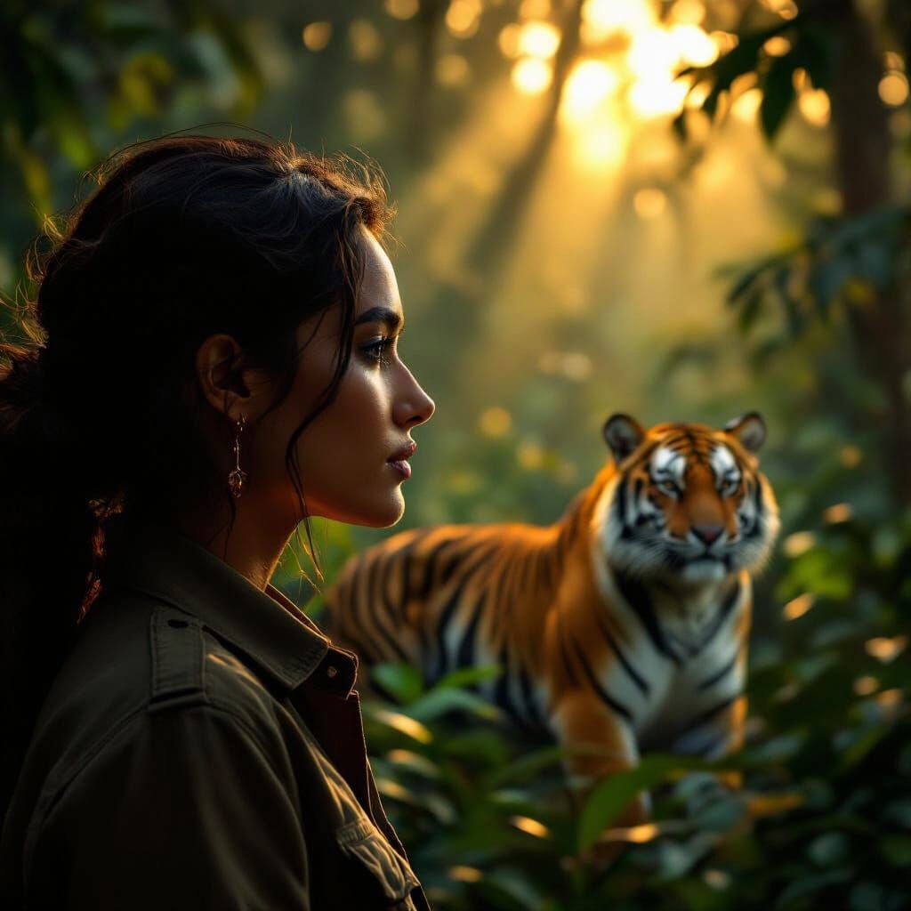 Photorealistic Profile Portrait with Bengal Tiger and Jungle...