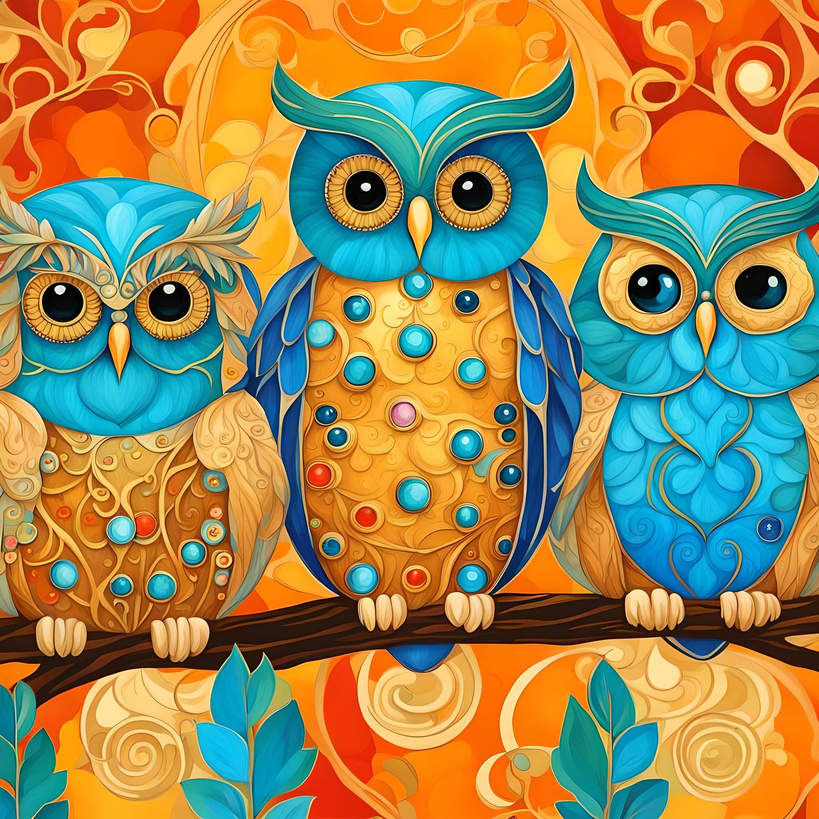 Whimsical Owls on Branch in Art Nouveau Style