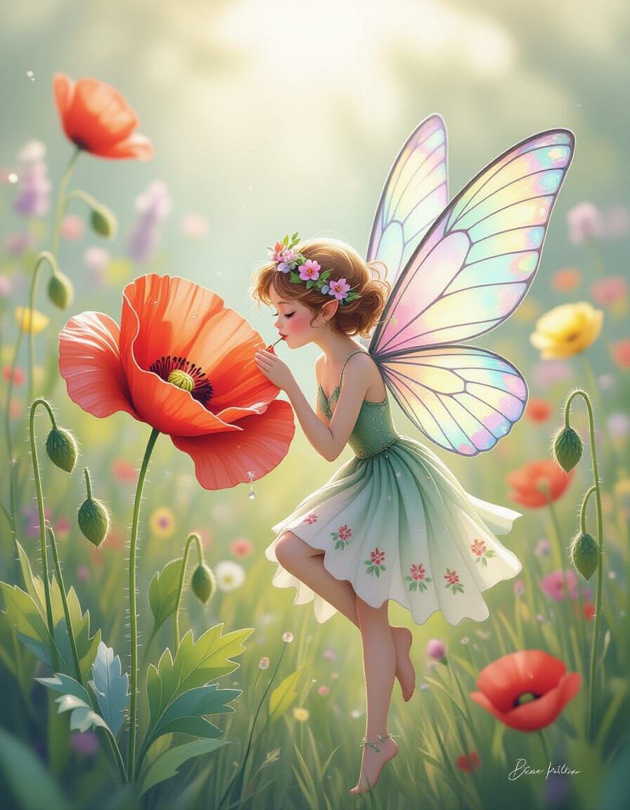 Whimsical Fairy Sipping Nectar in Watercolor Style