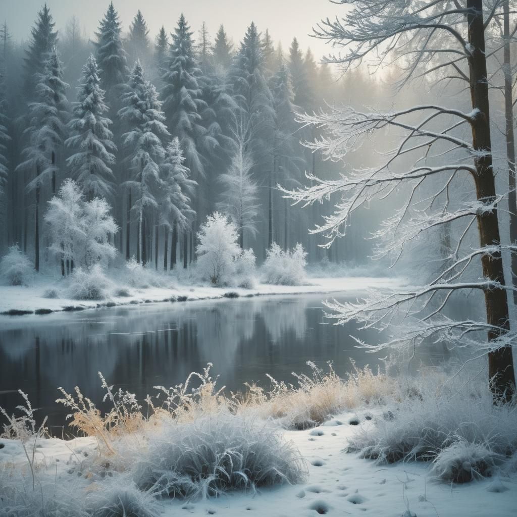 Frosty Winter Forest Scene with Frozen Lake